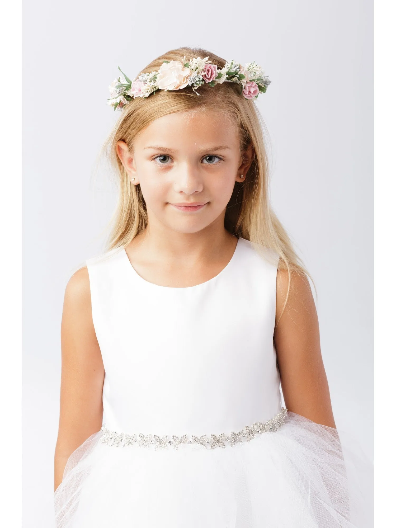 Girls Blush Tan Flower Adorned Ribbon Back Special Occasion Hair Wreath Crown