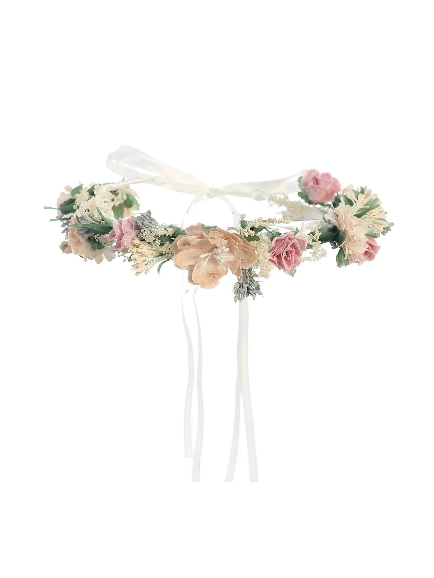 Girls Blush Tan Flower Adorned Ribbon Back Special Occasion Hair Wreath Crown