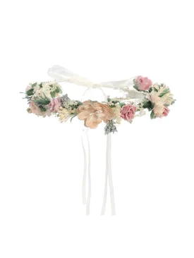 Girls Blush Tan Flower Adorned Ribbon Back Special Occasion Hair Wreath Crown