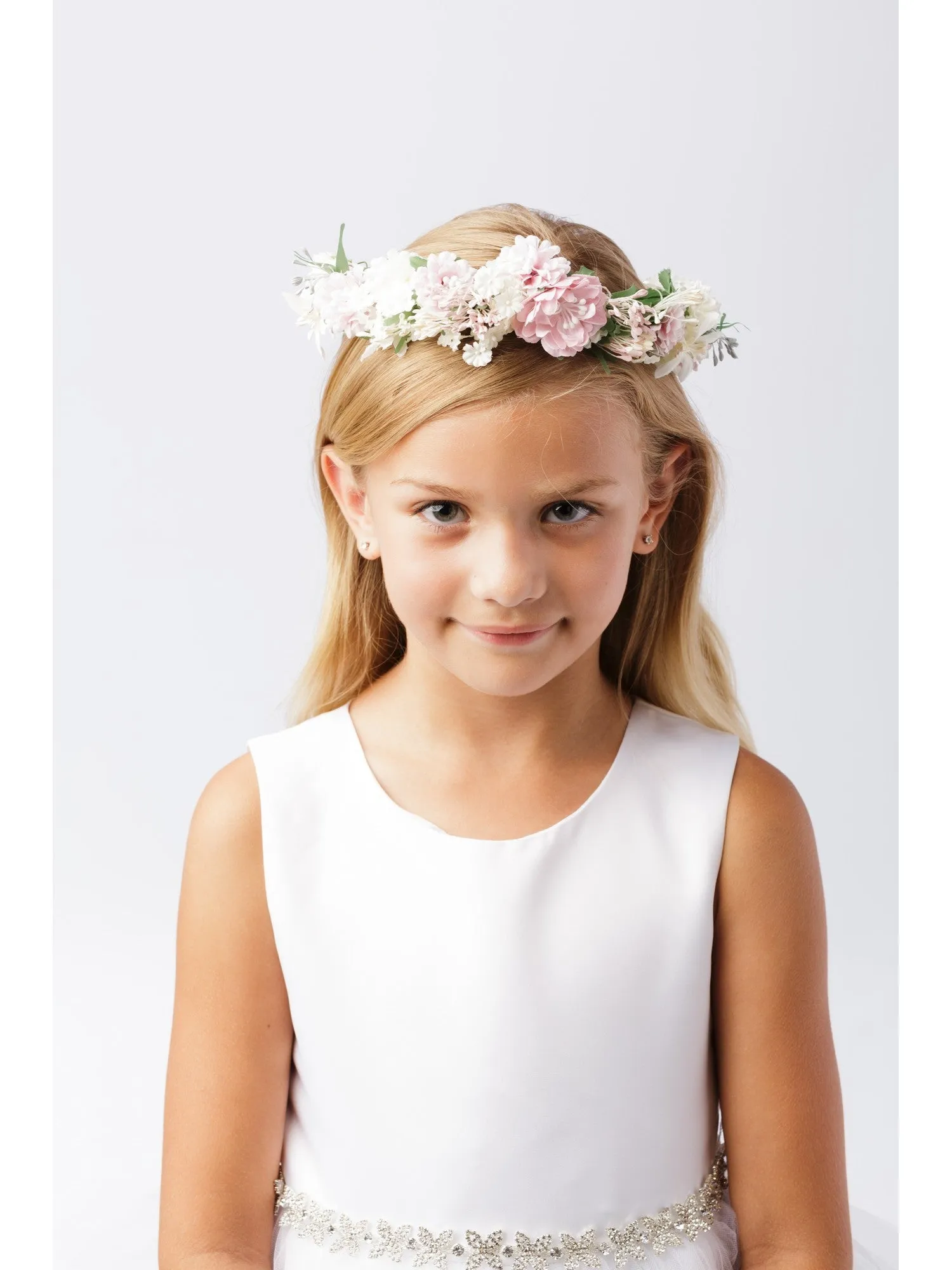 Girls Pink White Flower Adorned Ribbon Back Special Occasion Hair Wreath Crown