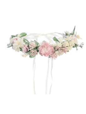 Girls Pink White Flower Adorned Ribbon Back Special Occasion Hair Wreath Crown