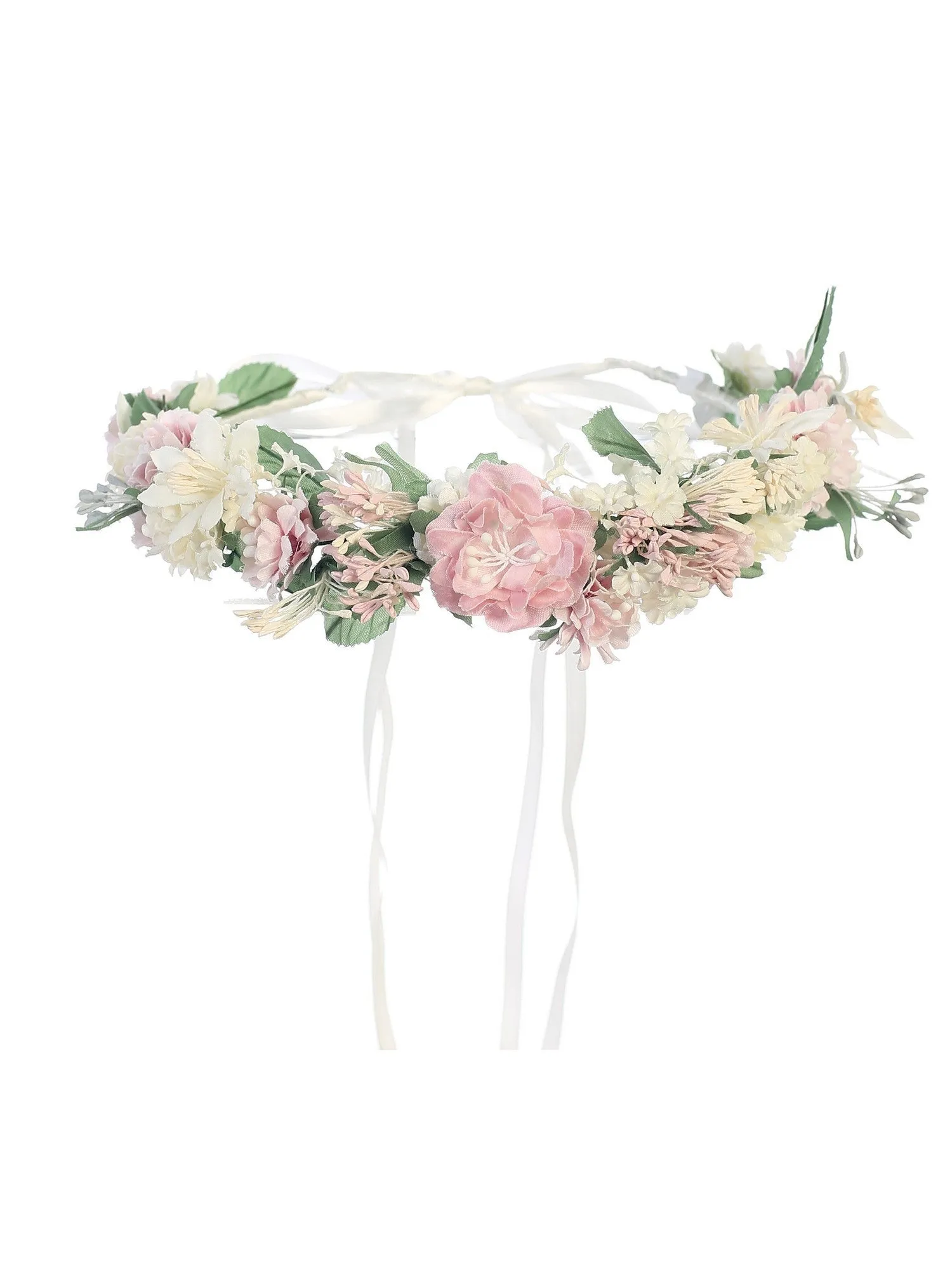 Girls Pink White Flower Adorned Ribbon Back Special Occasion Hair Wreath Crown
