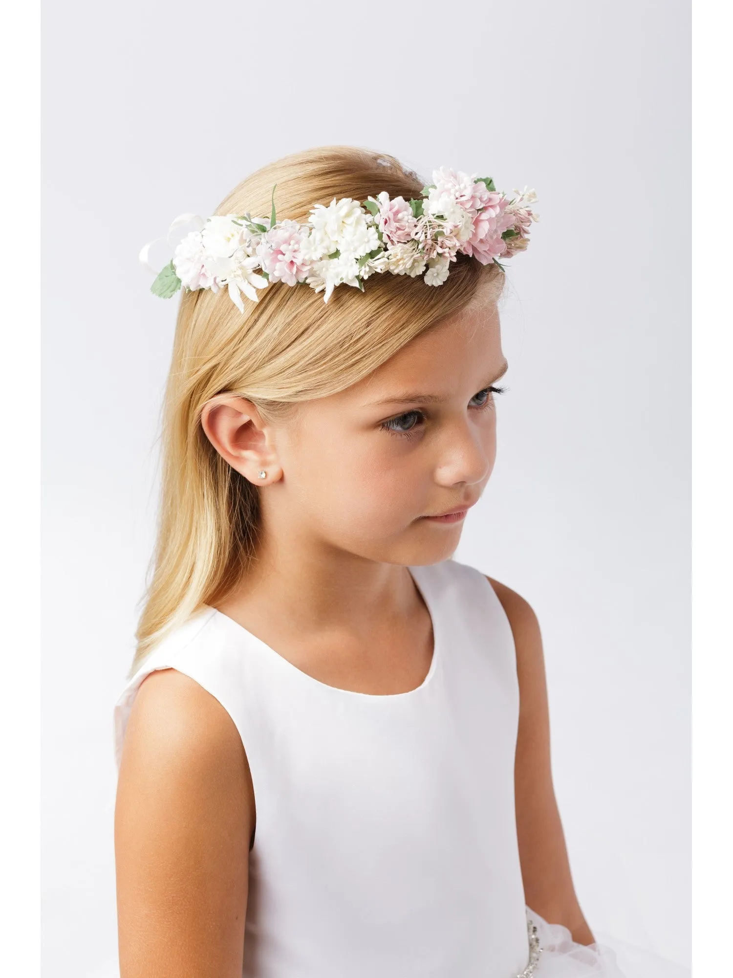 Girls Pink White Flower Adorned Ribbon Back Special Occasion Hair Wreath Crown