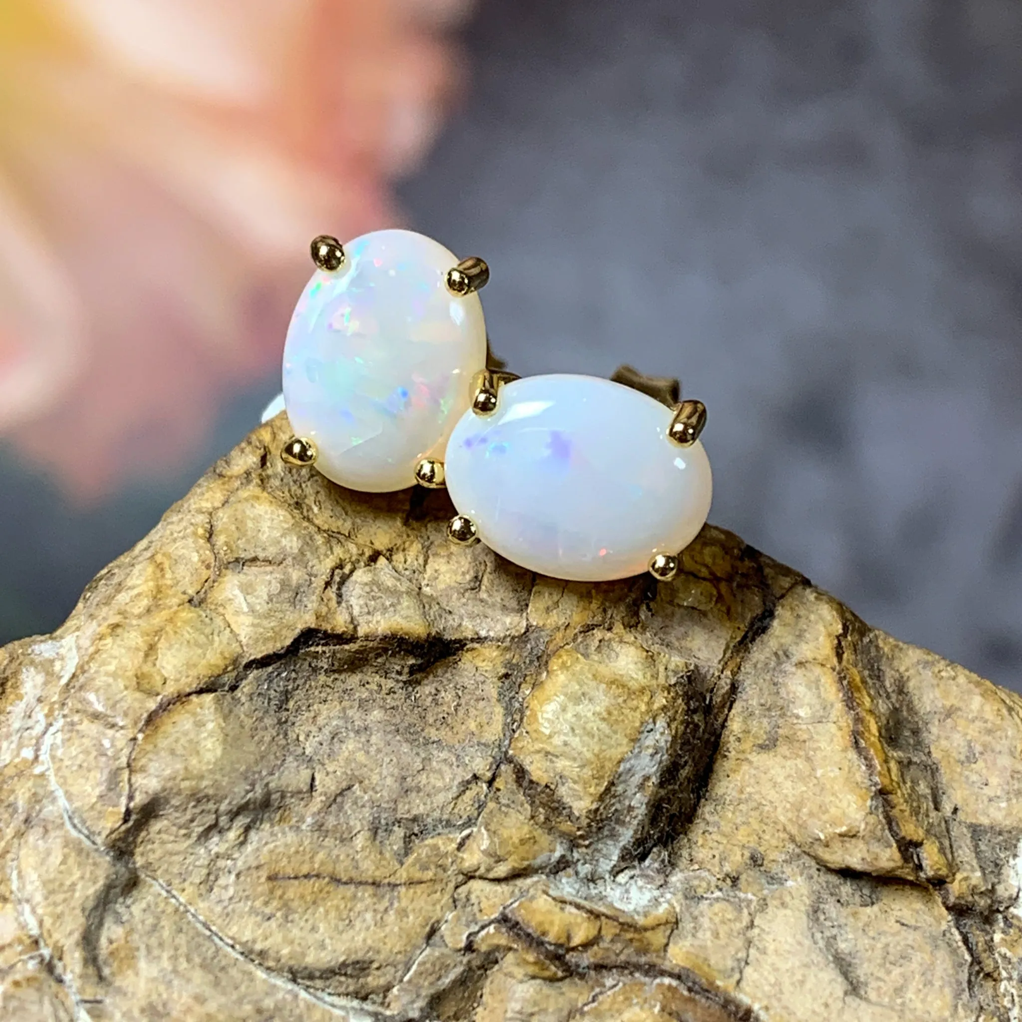 Gold Plated Silver 8x6mm White Opal Earring studs