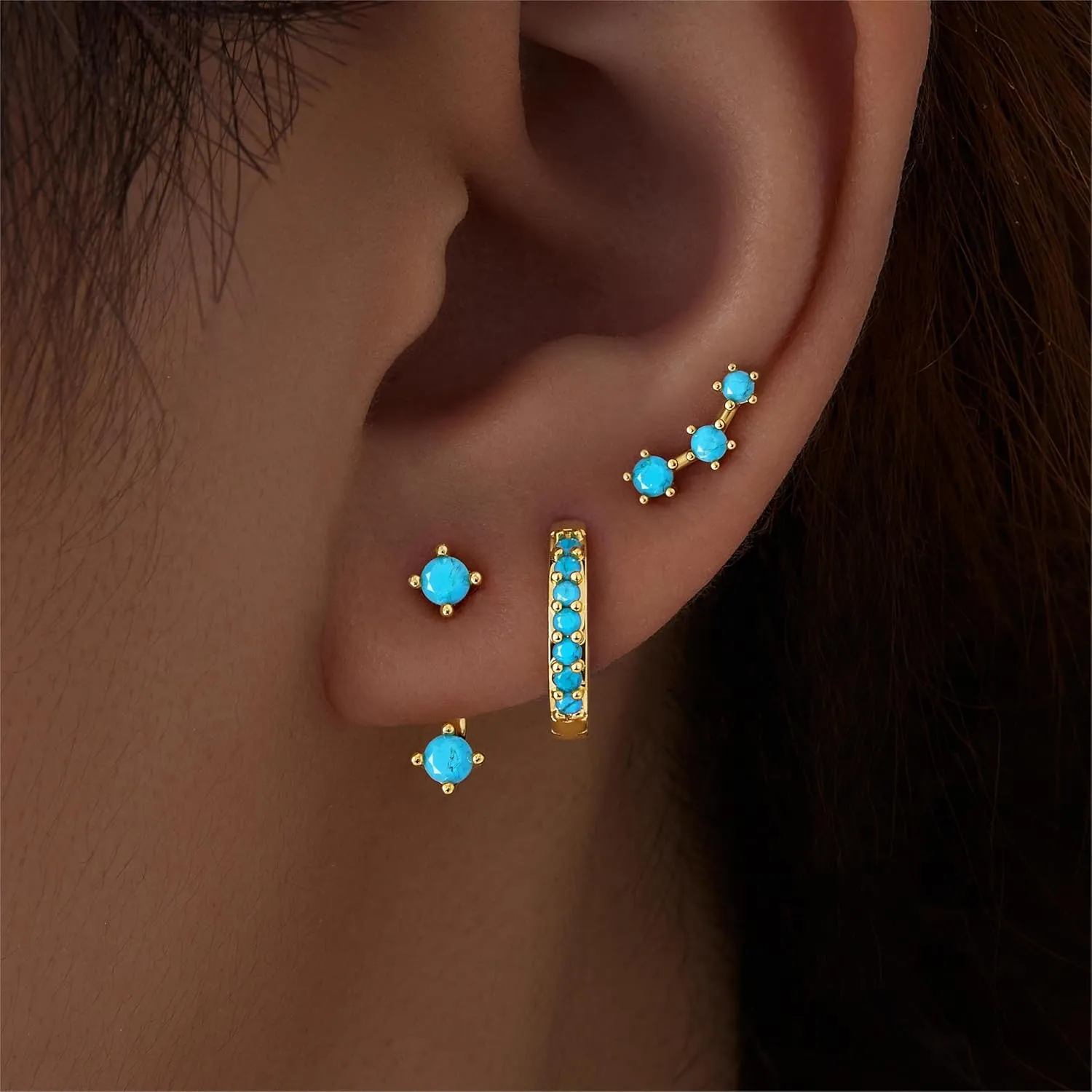 Gold Stud Earrings Set for Women, 3 Pairs Huggie Hoop Jacket Studs Earring Stacks, Hypoallergenic 925 Sterling Silver Post Dainty Birthstone Trendy Women Fashion Accessories Jewelry Gifts
