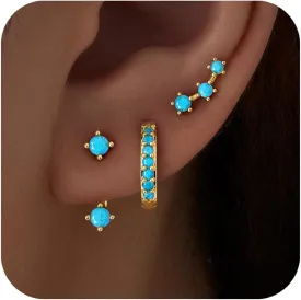 Gold Stud Earrings Set for Women, 3 Pairs Huggie Hoop Jacket Studs Earring Stacks, Hypoallergenic 925 Sterling Silver Post Dainty Birthstone Trendy Women Fashion Accessories Jewelry Gifts