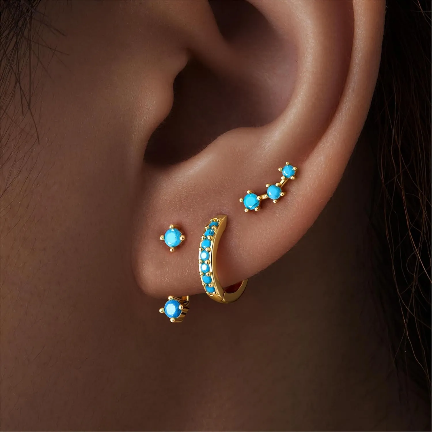 Gold Stud Earrings Set for Women, 3 Pairs Huggie Hoop Jacket Studs Earring Stacks, Hypoallergenic 925 Sterling Silver Post Dainty Birthstone Trendy Women Fashion Accessories Jewelry Gifts