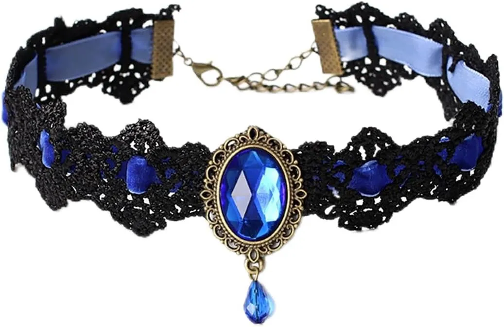 Gothic Lace Choker Necklace with Vintage Crystal Gems - Vampire Bat Design, Perfect for Halloween, Parties & Costumes
