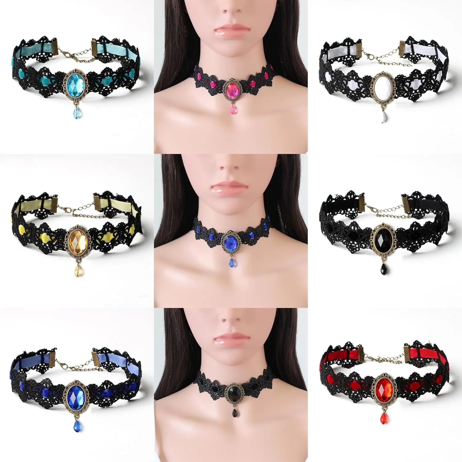 Gothic Lace Choker Necklace with Vintage Crystal Gems - Vampire Bat Design, Perfect for Halloween, Parties & Costumes