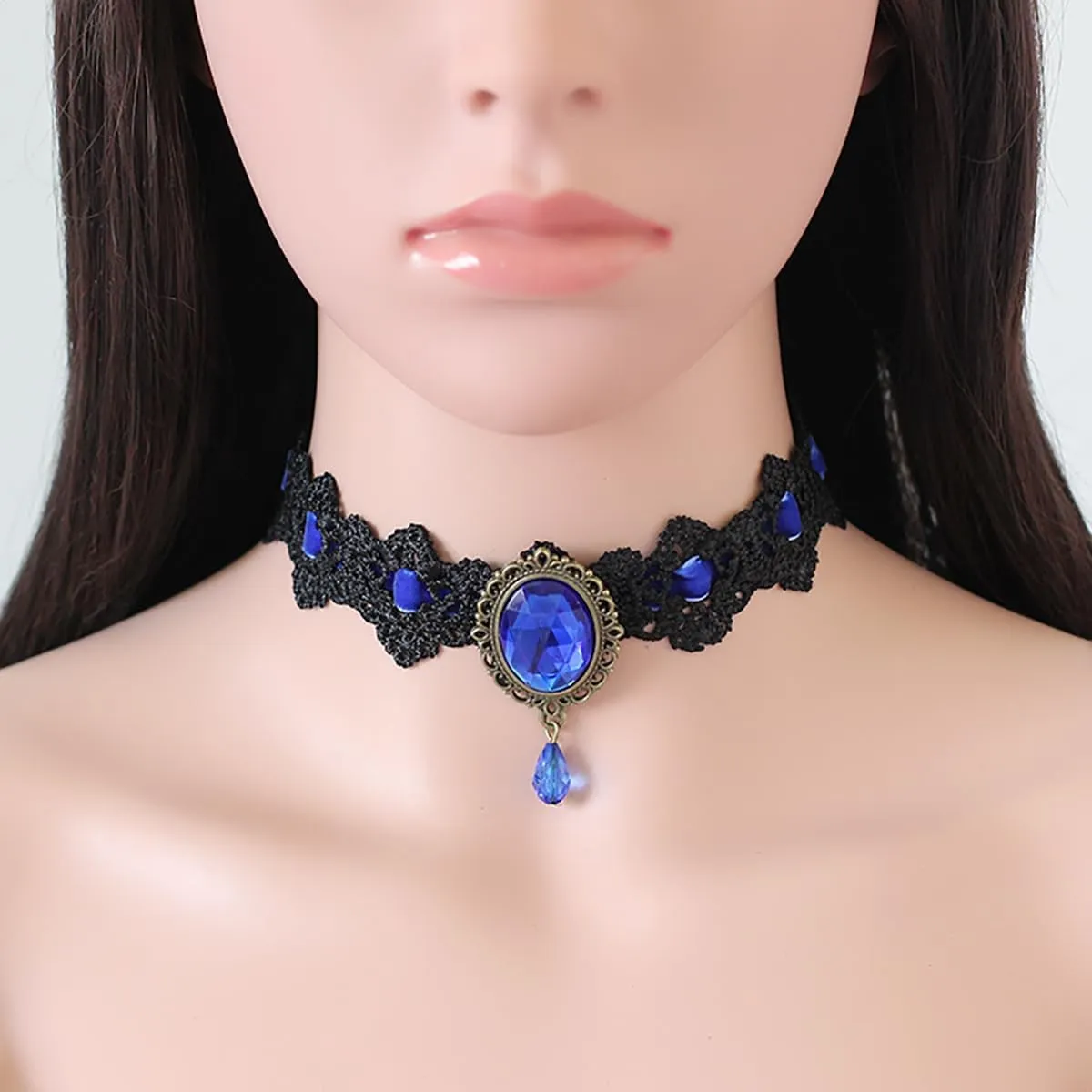 Gothic Lace Choker Necklace with Vintage Crystal Gems - Vampire Bat Design, Perfect for Halloween, Parties & Costumes