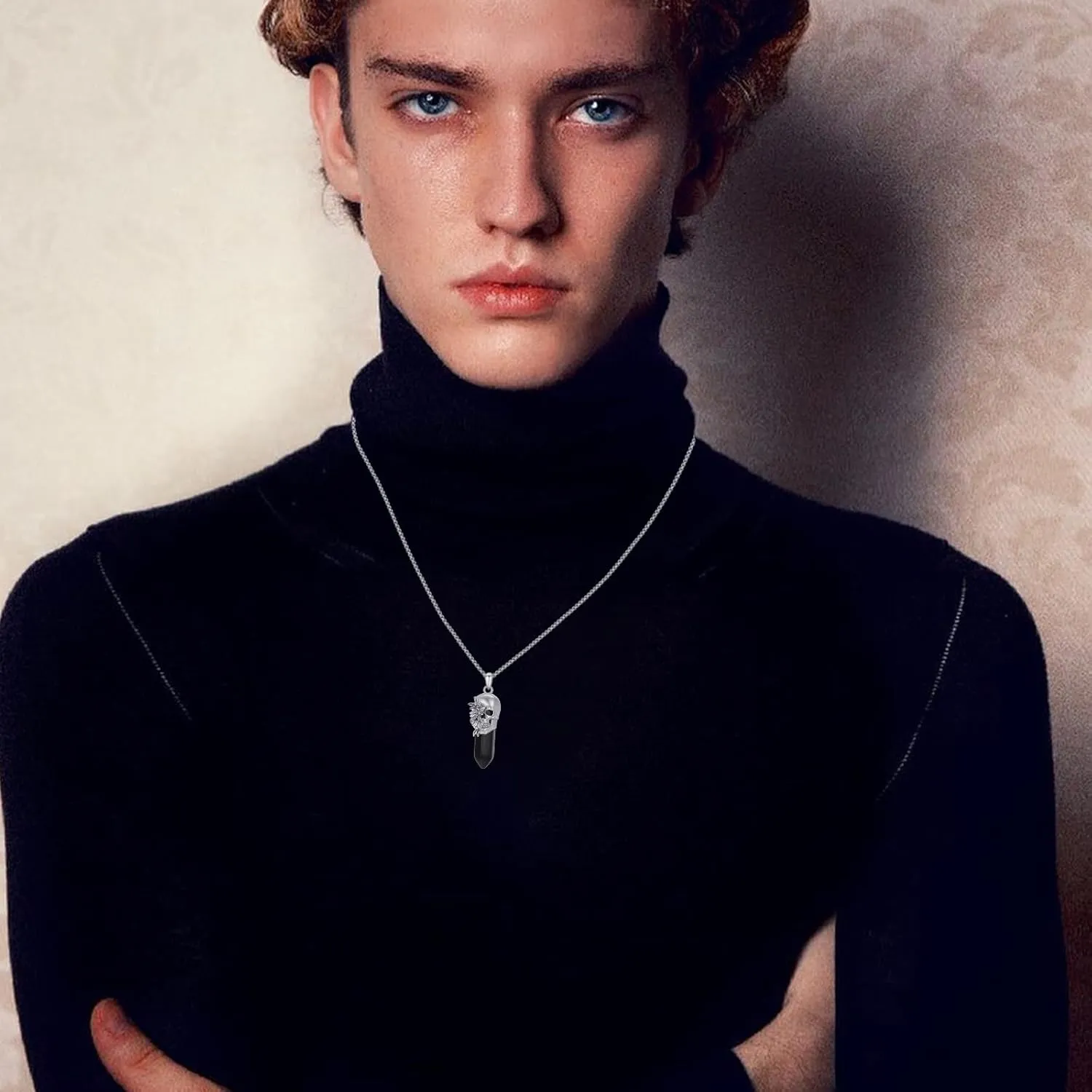 Healing Crystal Necklace 925 Sterling Silver Dragon/Lion/Saint Sebastian/Skull/WingNecklaces Obsidian Necklace Jewelry for Men Women with Chain