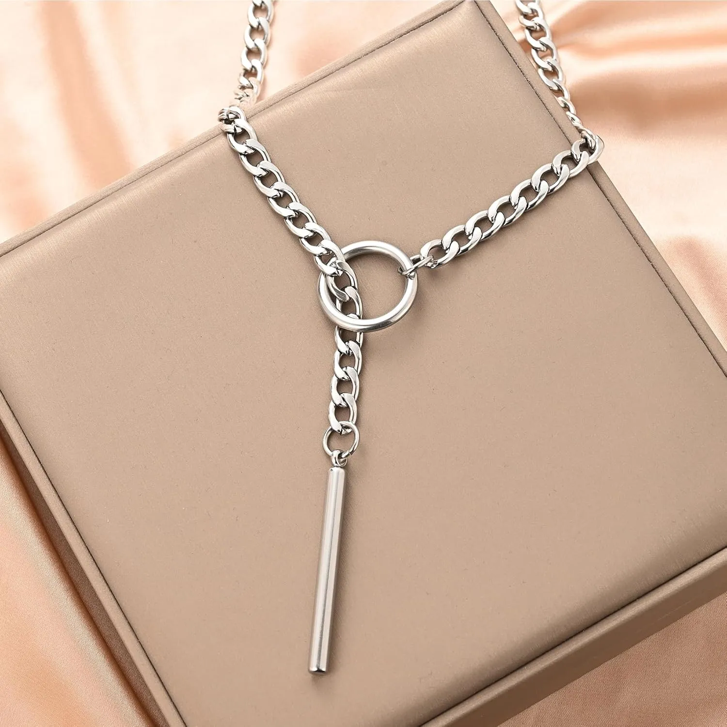 Heart O ring Slip Chain Necklaces for Women Stainless Steel Cuban Chain Bar Necklace Punk Rock Collar Necklace Handmade Adjustable Lariat Y Necklaces for Men