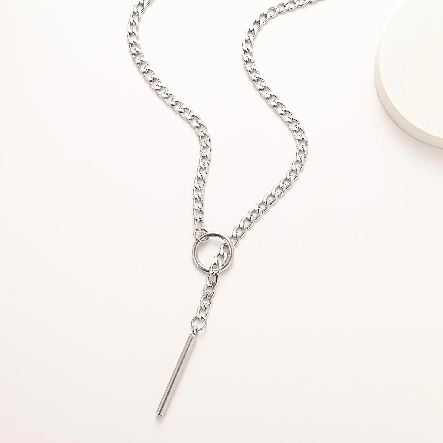 Heart O ring Slip Chain Necklaces for Women Stainless Steel Cuban Chain Bar Necklace Punk Rock Collar Necklace Handmade Adjustable Lariat Y Necklaces for Men