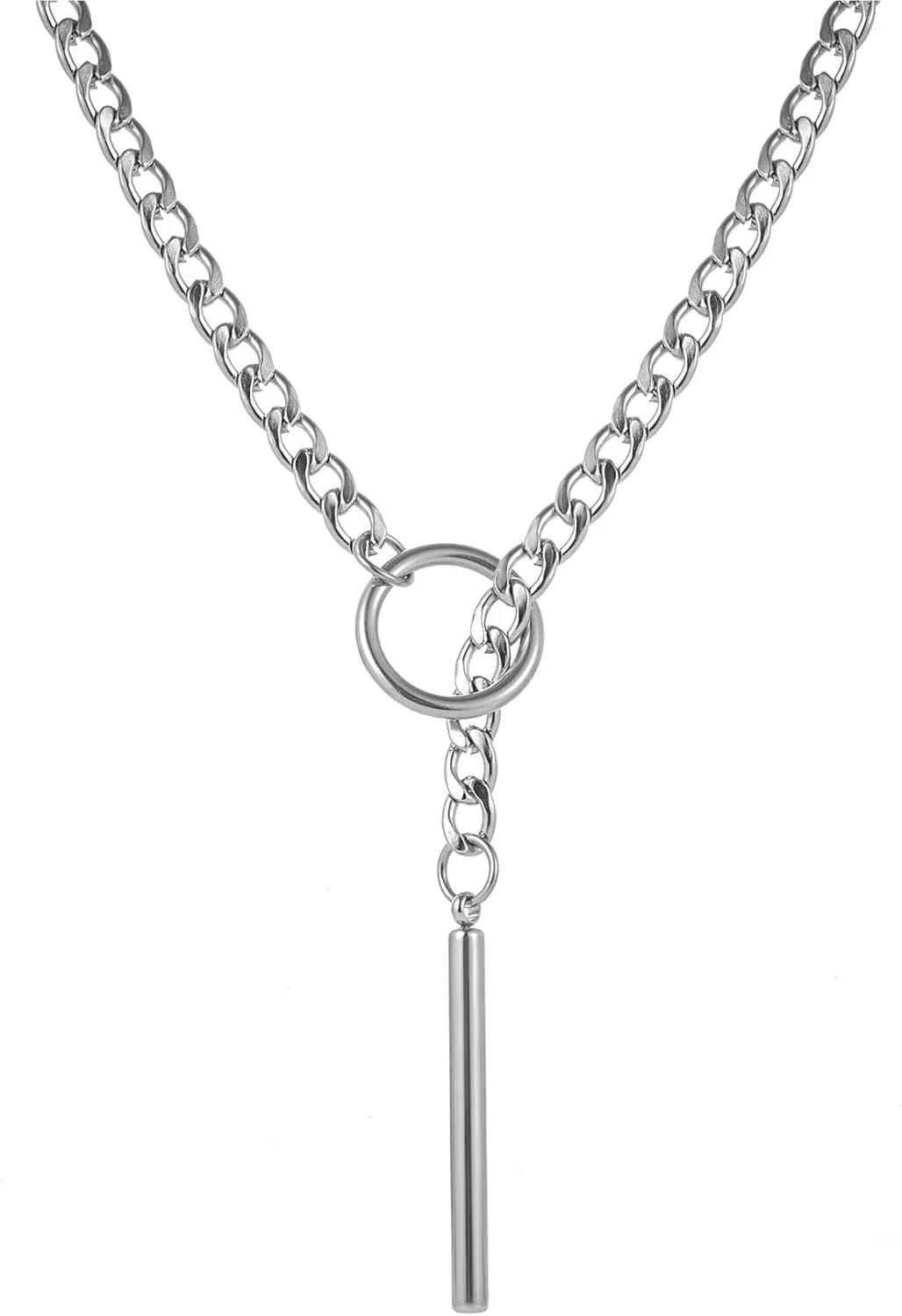 Heart O ring Slip Chain Necklaces for Women Stainless Steel Cuban Chain Bar Necklace Punk Rock Collar Necklace Handmade Adjustable Lariat Y Necklaces for Men