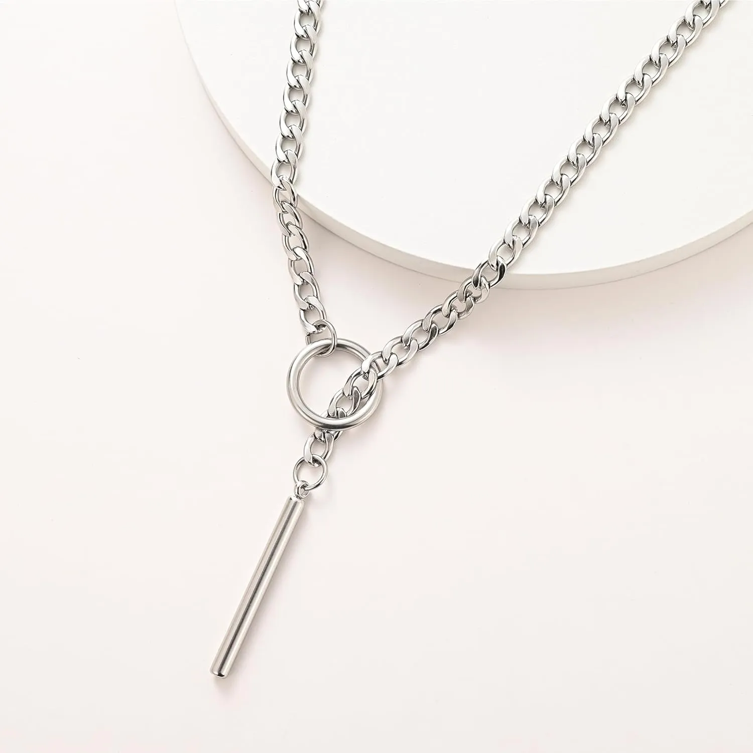 Heart O ring Slip Chain Necklaces for Women Stainless Steel Cuban Chain Bar Necklace Punk Rock Collar Necklace Handmade Adjustable Lariat Y Necklaces for Men