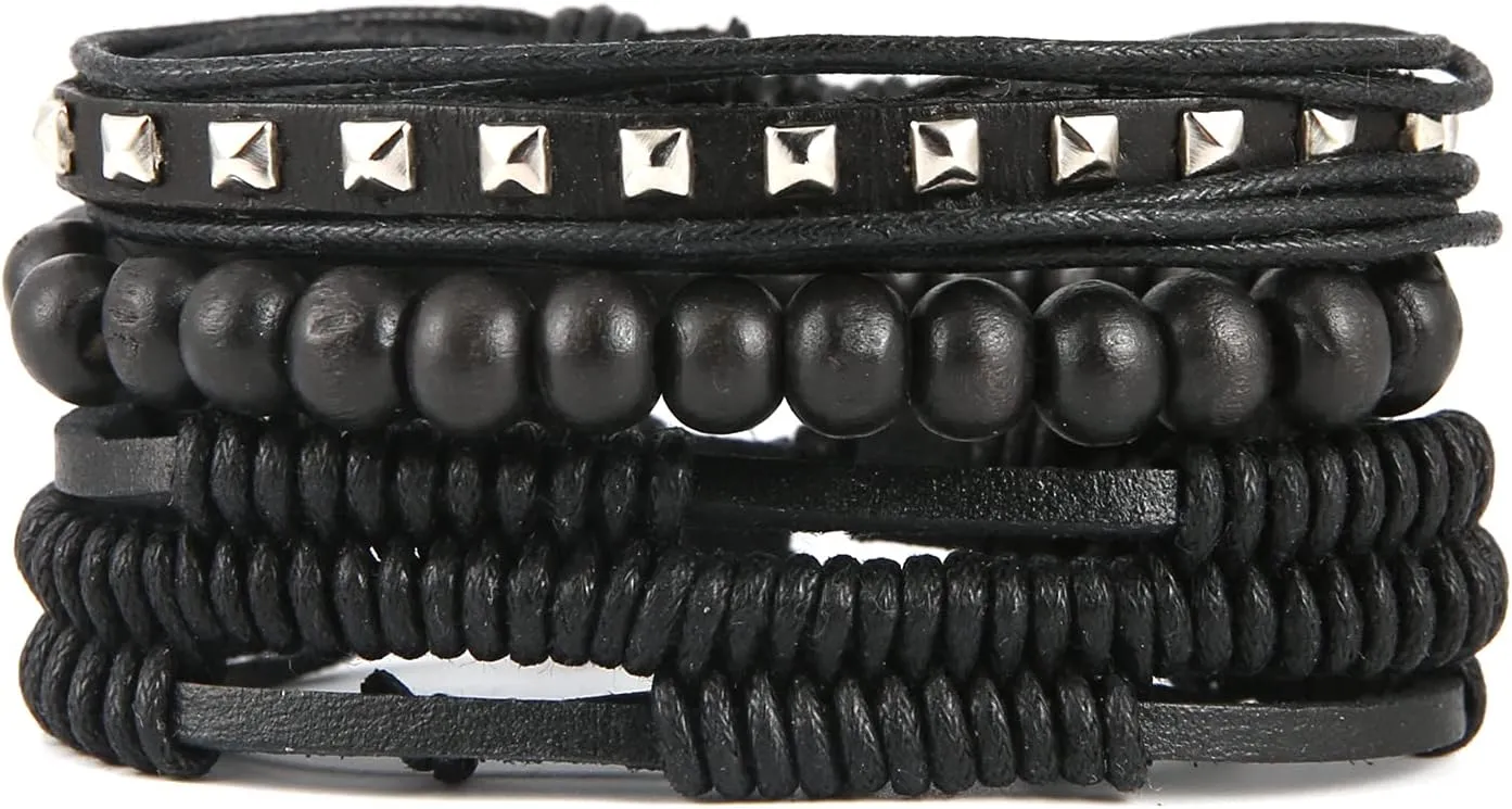 HZMAN Wrap Bracelets Men Women, Hemp Cords Wood Beads Ethnic Tribal Bracelets, Leather Wristbands