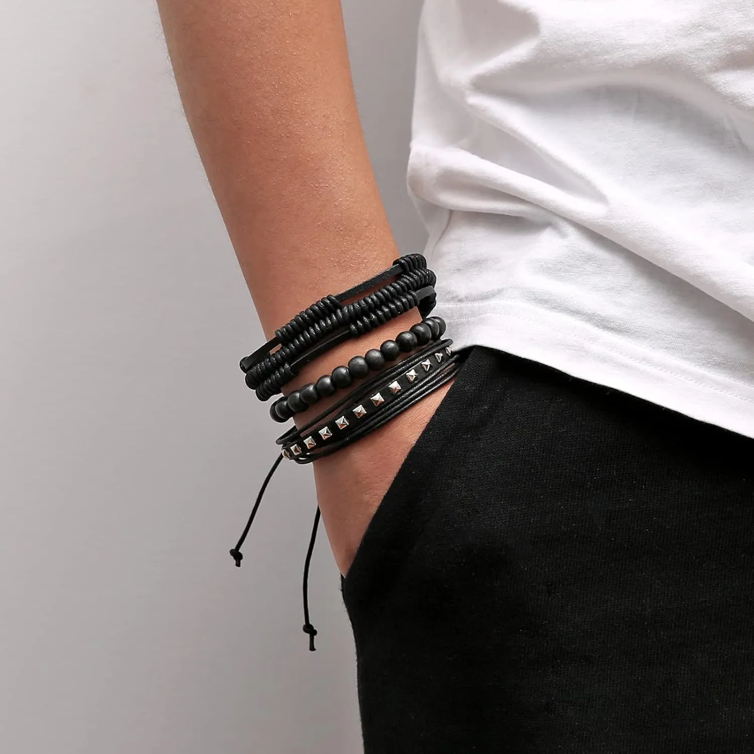HZMAN Wrap Bracelets Men Women, Hemp Cords Wood Beads Ethnic Tribal Bracelets, Leather Wristbands