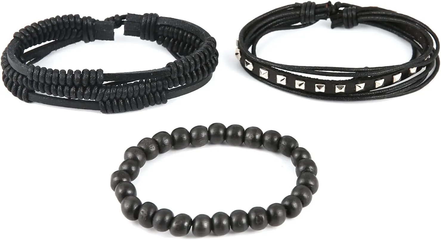 HZMAN Wrap Bracelets Men Women, Hemp Cords Wood Beads Ethnic Tribal Bracelets, Leather Wristbands