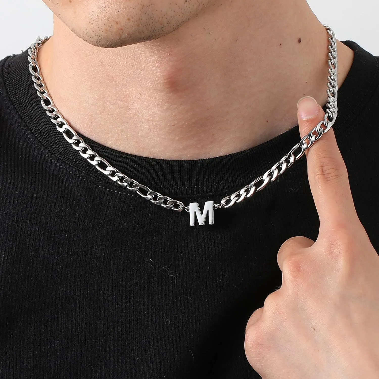 Initial A-Z Figaro Chain Necklace for Men Women Letter Pendant Stainless Steel 6.5mm 18 2 Inches Jewelry Gift for Him Boyfriend Husband