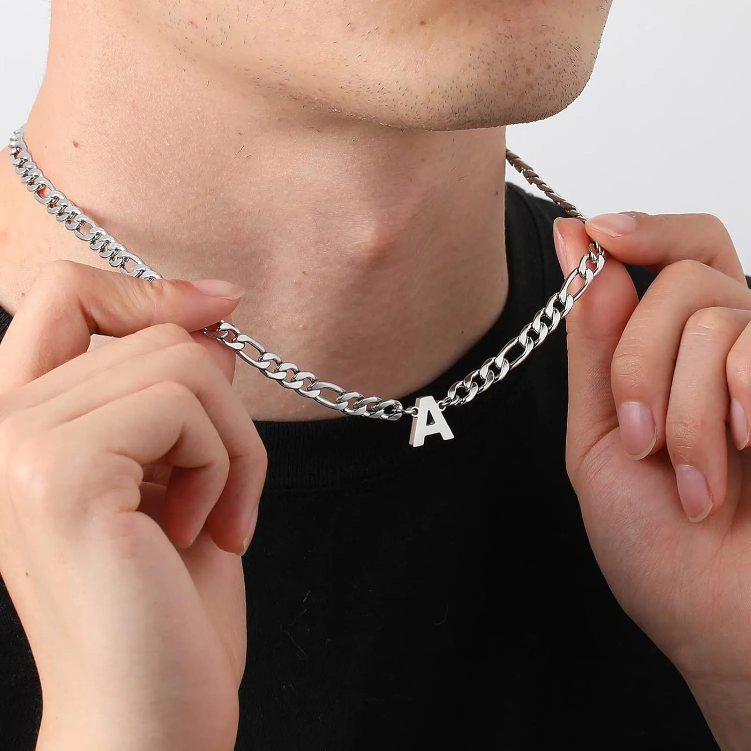 Initial A-Z Figaro Chain Necklace for Men Women Letter Pendant Stainless Steel 6.5mm 18 2 Inches Jewelry Gift for Him Boyfriend Husband