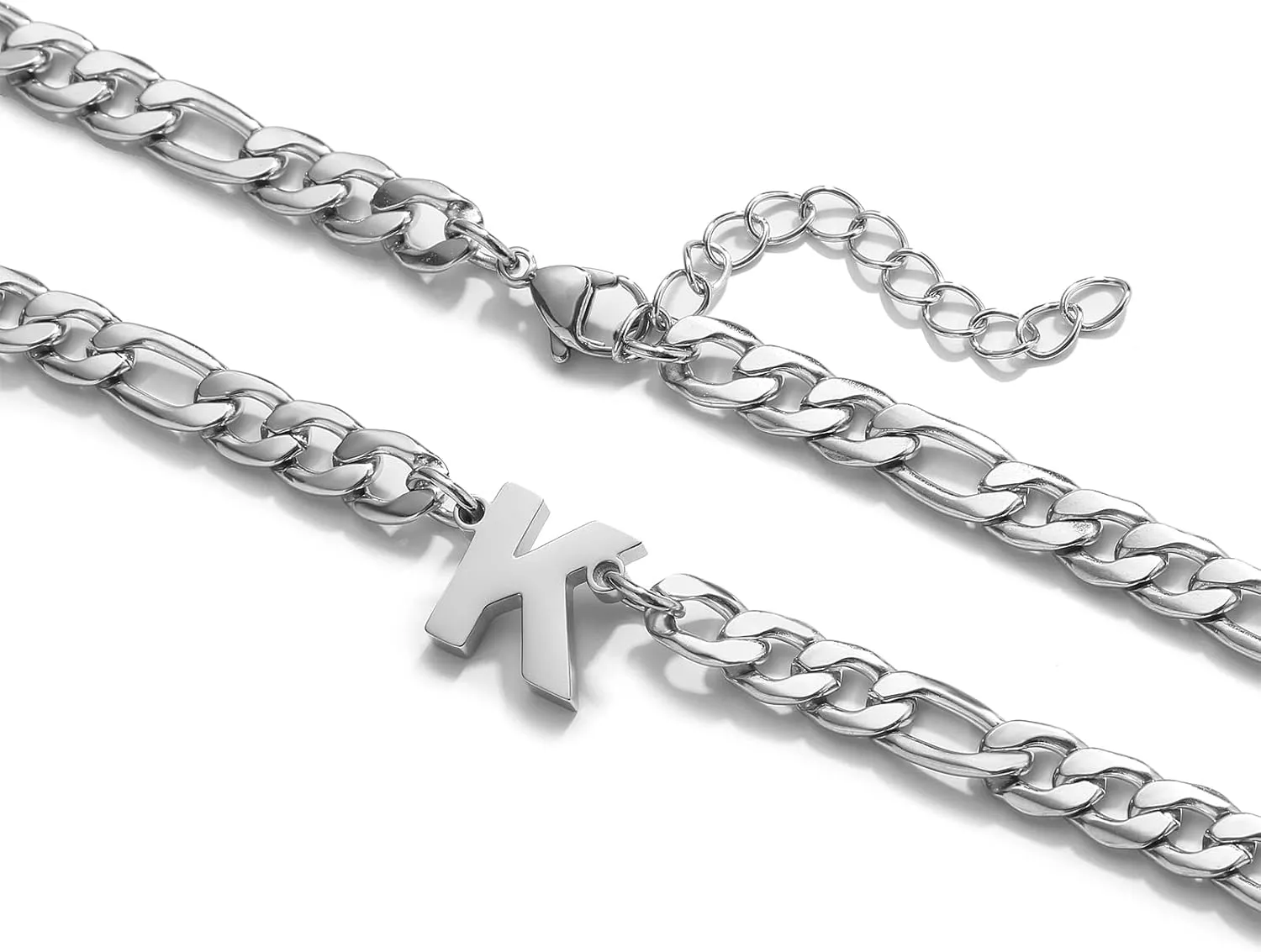 Initial A-Z Figaro Chain Necklace for Men Women Letter Pendant Stainless Steel 6.5mm 18 2 Inches Jewelry Gift for Him Boyfriend Husband