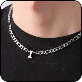 Initial A-Z Figaro Chain Necklace for Men Women Letter Pendant Stainless Steel 6.5mm 18 2 Inches Jewelry Gift for Him Boyfriend Husband
