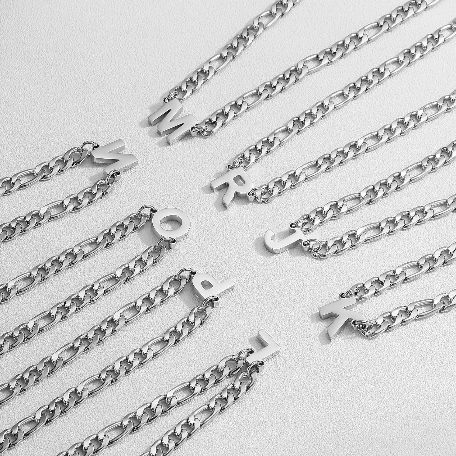 Initial A-Z Figaro Chain Necklace for Men Women Letter Pendant Stainless Steel 6.5mm 18 2 Inches Jewelry Gift for Him Boyfriend Husband