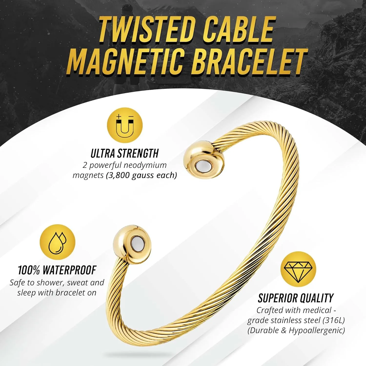 MagnetRX Magnetic Bracelet Cuff - Twisted Cable Stainless Steel Bangle Magnetic Bracelets - Elegant Golf Bracelet Men & Women (Gold | Small)