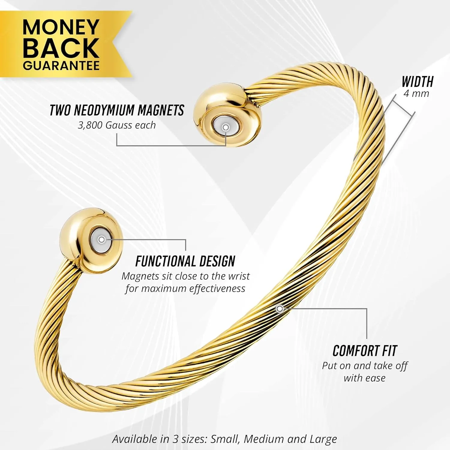 MagnetRX Magnetic Bracelet Cuff - Twisted Cable Stainless Steel Bangle Magnetic Bracelets - Elegant Golf Bracelet Men & Women (Gold | Small)