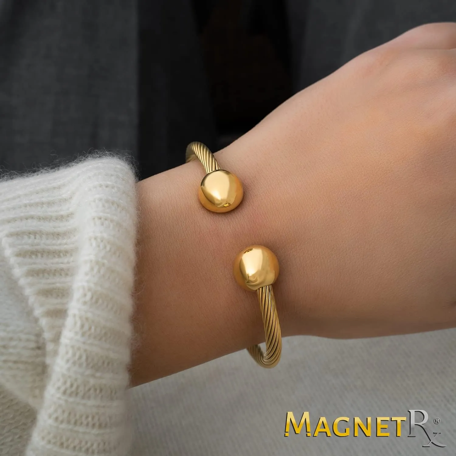 MagnetRX Magnetic Bracelet Cuff - Twisted Cable Stainless Steel Bangle Magnetic Bracelets - Elegant Golf Bracelet Men & Women (Gold | Small)