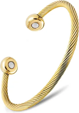 MagnetRX Magnetic Bracelet Cuff - Twisted Cable Stainless Steel Bangle Magnetic Bracelets - Elegant Golf Bracelet Men & Women (Gold | Small)