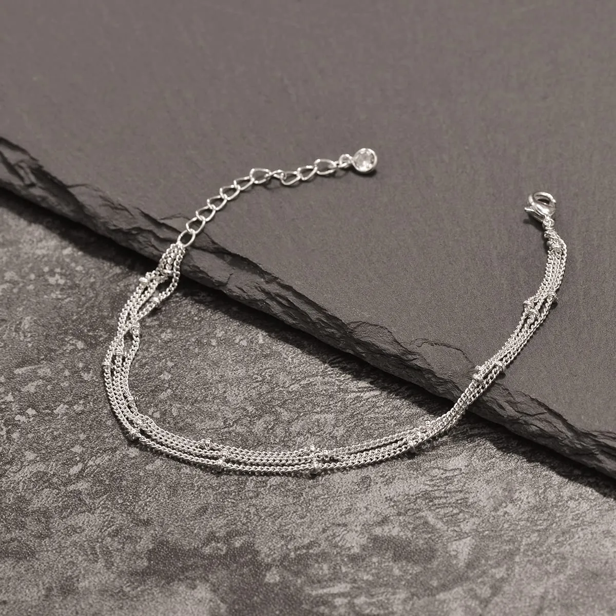 MEVECCO Bracelet for Women Sliver Layered Satellite Chain Bead Sliver Plated Dainty 3 Layer Simple Jewelry