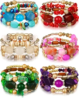 Misdary 6 Pcs Boho Multilayer Irregular Agate Beads Charm Bracelets Vintage Yoga Turquoise Bangles Boho Jewelry for Women