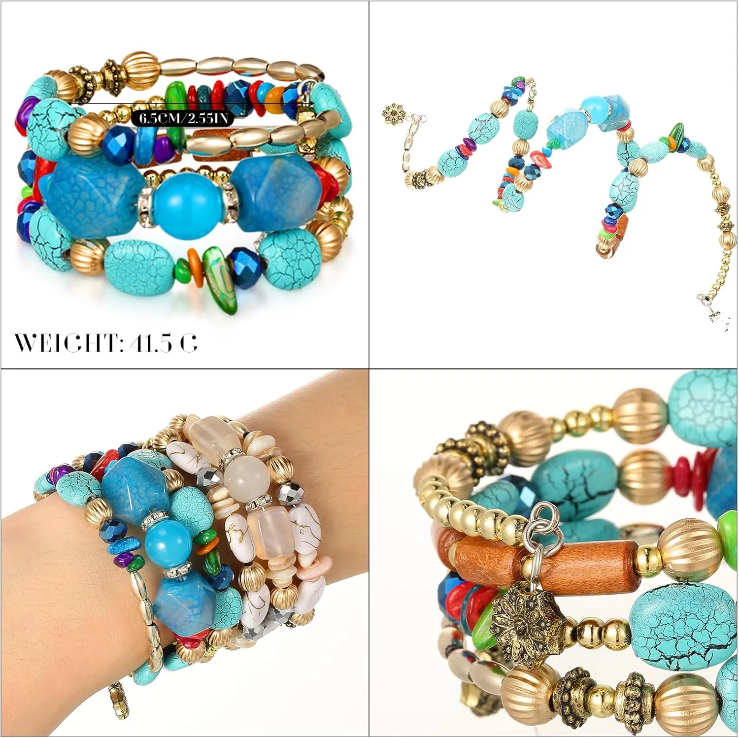 Misdary 6 Pcs Boho Multilayer Irregular Agate Beads Charm Bracelets Vintage Yoga Turquoise Bangles Boho Jewelry for Women
