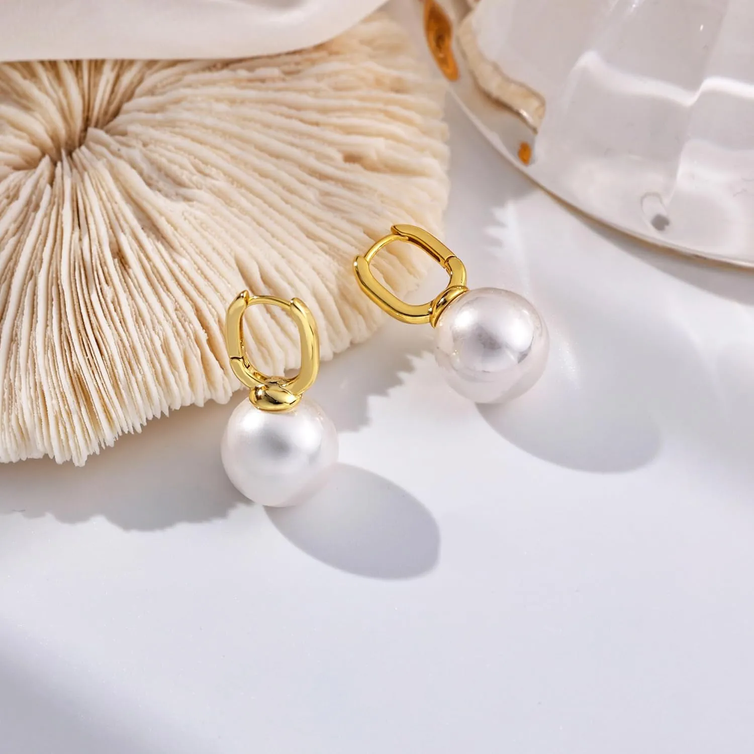 Moodear Pearl Earrings for Women Trendy 14K Gold Plated/925 Sterling Silver Pearl Drop Hoop Earrings Elegant Hypoallergenic Gold Pearl Dangle Earrings Wedding Jewelry Gifts for Women