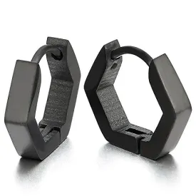 Pair Stainless Steel Plain Black Hexagon Huggie Hinged Hoop Earrings for Unisex Men Women