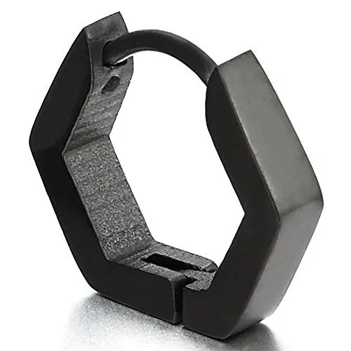 Pair Stainless Steel Plain Black Hexagon Huggie Hinged Hoop Earrings for Unisex Men Women