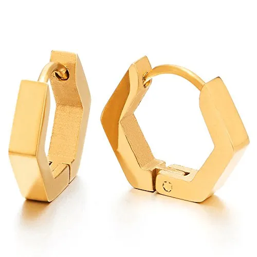 Pair Stainless Steel Plain Black Hexagon Huggie Hinged Hoop Earrings for Unisex Men Women