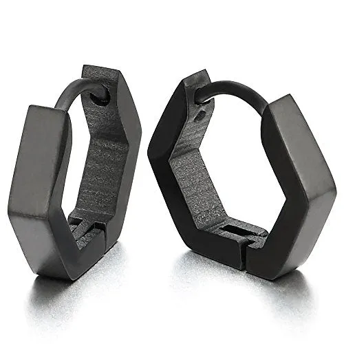 Pair Stainless Steel Plain Black Hexagon Huggie Hinged Hoop Earrings for Unisex Men Women