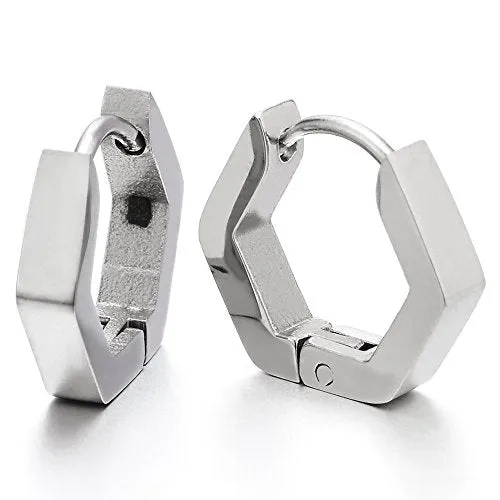 Pair Stainless Steel Plain Black Hexagon Huggie Hinged Hoop Earrings for Unisex Men Women