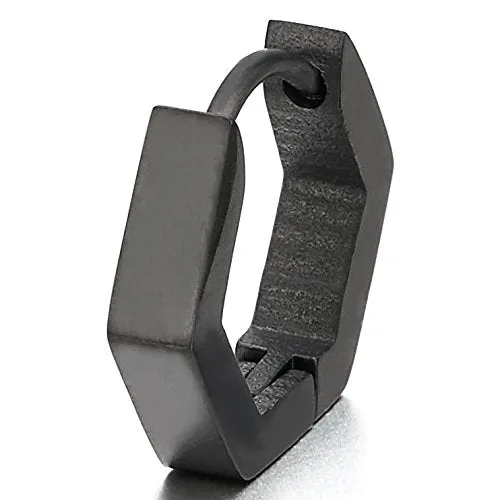Pair Stainless Steel Plain Black Hexagon Huggie Hinged Hoop Earrings for Unisex Men Women