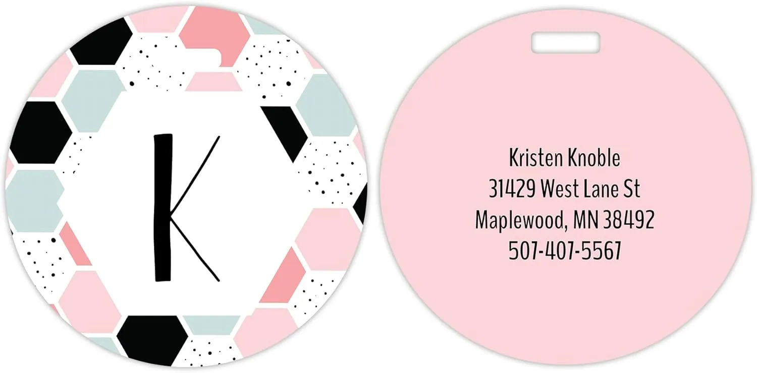 Personalized Pastel Geometric Monogram Luggage Tag / 4" Round Custom Trendy Bag Tag/Double Sided Durable Plastic Circle Luggage Tag with Plastic Strap/Made in The USA
