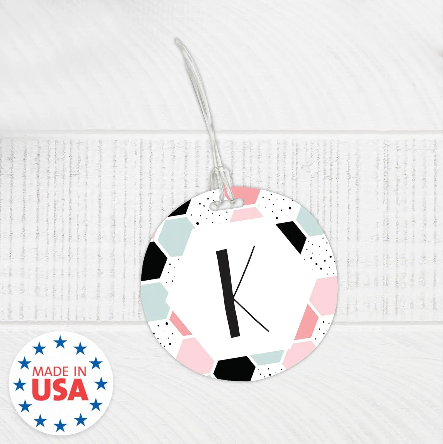 Personalized Pastel Geometric Monogram Luggage Tag / 4" Round Custom Trendy Bag Tag/Double Sided Durable Plastic Circle Luggage Tag with Plastic Strap/Made in The USA