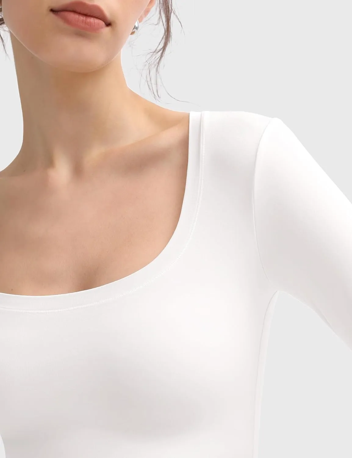 PUMIEY Women's Long Sleeve T Shirts Scoop Neck Slim Fit Going Out Tops Double Lined Basic Tee Smoke Cloud Collection