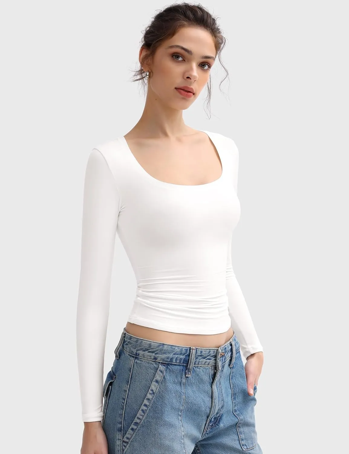 PUMIEY Women's Long Sleeve T Shirts Scoop Neck Slim Fit Going Out Tops Double Lined Basic Tee Smoke Cloud Collection