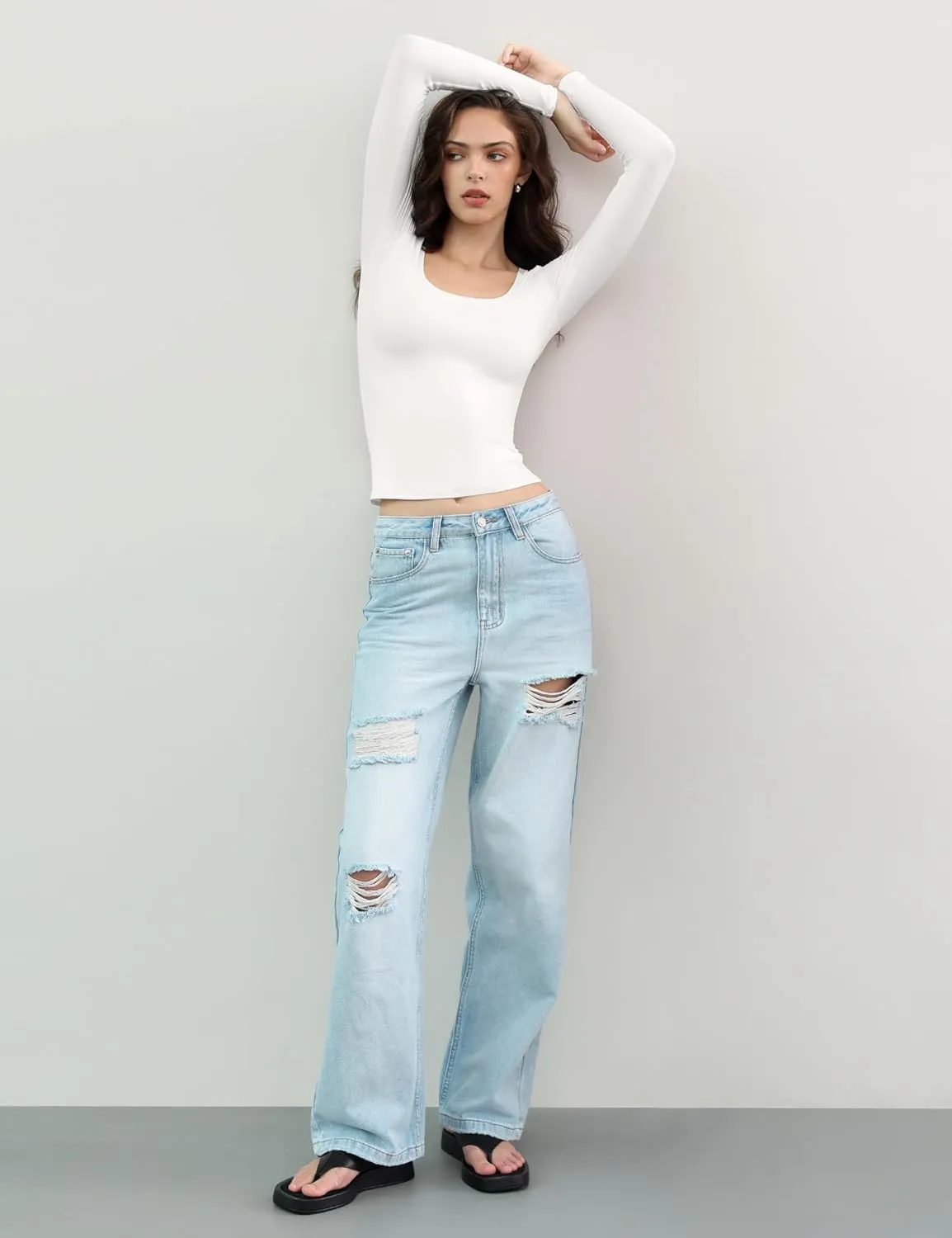 PUMIEY Women's Long Sleeve T Shirts Scoop Neck Slim Fit Going Out Tops Double Lined Basic Tee Smoke Cloud Collection