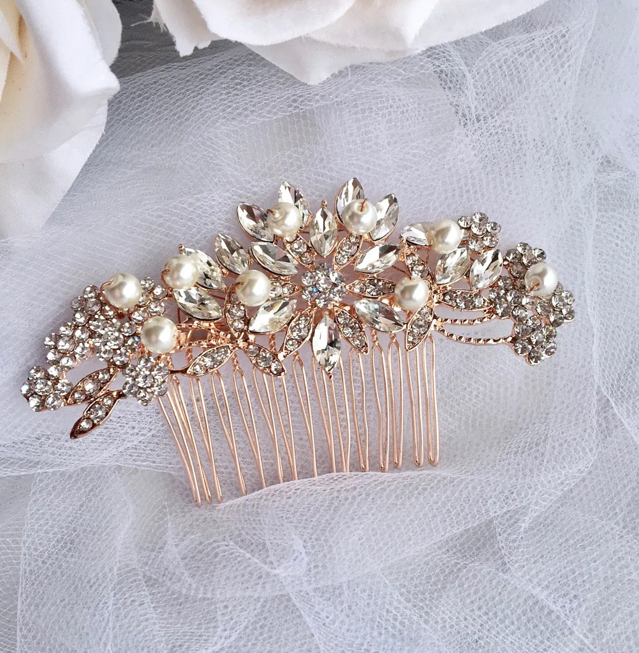 "Alaina" - Pearl and Crystal Bridal Hair Comb - Available in Silver and Rose Gold