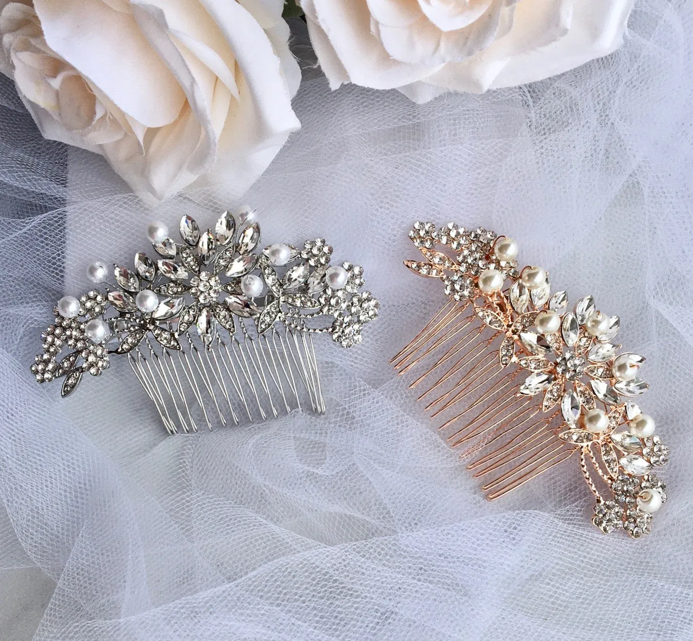 "Alaina" - Pearl and Crystal Bridal Hair Comb - Available in Silver and Rose Gold