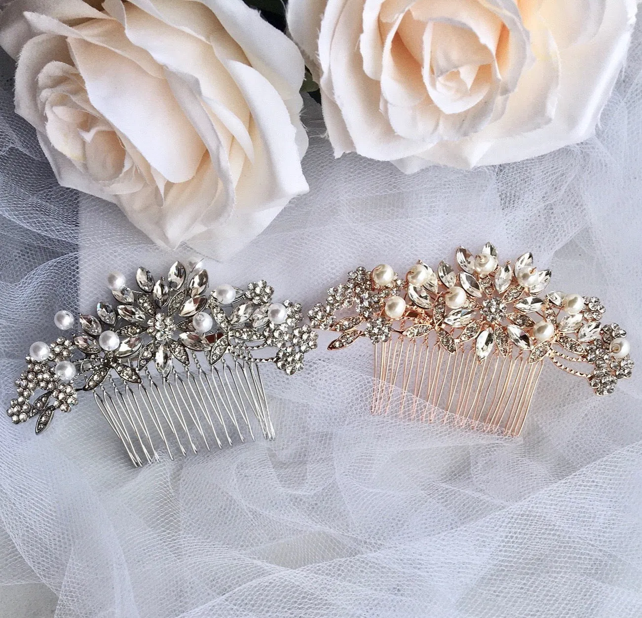 "Alaina" - Pearl and Crystal Bridal Hair Comb - Available in Silver and Rose Gold