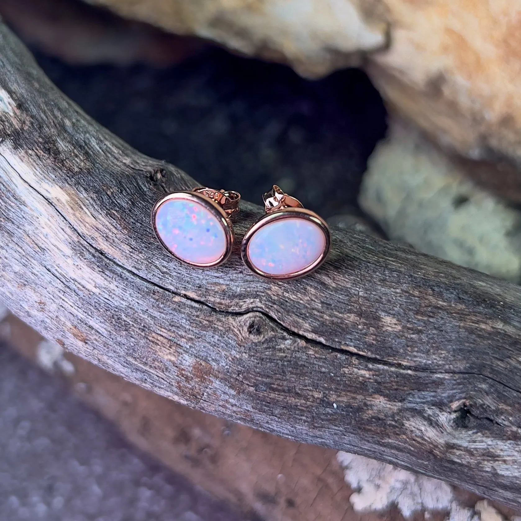 Rose Gold plated Sterling Silver bezel set Oval White Opal studs 9x7mm